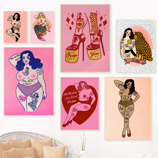 Leopard Girl Feminism Mermaid Vintage Wall Art Canvas Painting Decor
